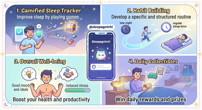An infographic for 'Sleepagotchi' showing four features: Gamified Sleep Tracker, Habit Building, Overall Well-being, and Daily Collectibles.