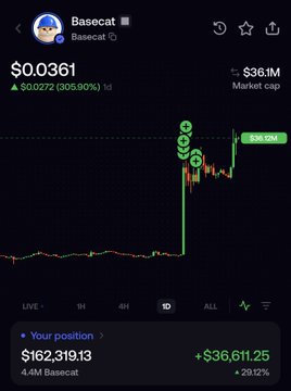 A trading app screenshot showing a memecoin called 'Basecat' priced at $0.0361, with a market cap of $36.1M and a user position worth $162,319.13 showing a profit of +$36,611.25.