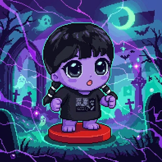 A pixel art NFT featuring a purple-skinned chibi character with black pigtails and large eyes, wearing a t-shirt with a face design, stands on a red pedestal against a spooky graveyard background with ghosts, bats, and a crescent moon. The image promotes a free mint event requiring holders of 25$ $HAPPY tokens, with a first-week limited supply of 111 mints.