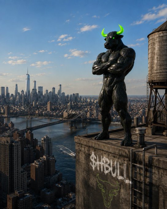 A dramatic 3D render of a massive black muscular bull with glowing green horns standing atop a city building overlooking the skyline, with "$HBULL" graffiti on the wall below.