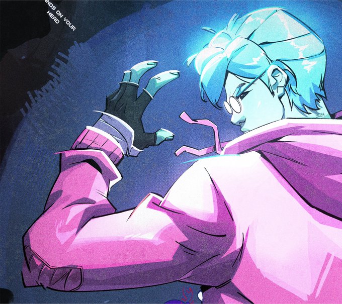 An anime-style illustration of a blue-haired character wearing round glasses and a pink/purple hoodie, shown in profile against a dark blue background with the partial text 'INDS ON YOUR HEAD'.