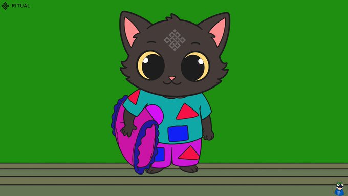 A cartoon illustration of a black cat character with a geometric forehead marking, wearing a colorful outfit and holding a pink donut-shaped floatie, labeled 'RITUAL'.