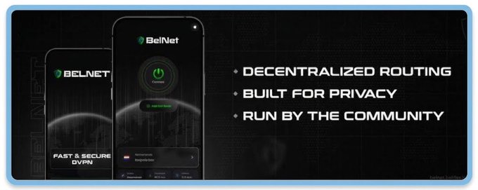 A BelNet promotional banner shows smartphones using the app and advertises “Decentralized Routing,” “Built for Privacy,” and “Run by the Community,” alongside “Fast & Secure DVPN.”