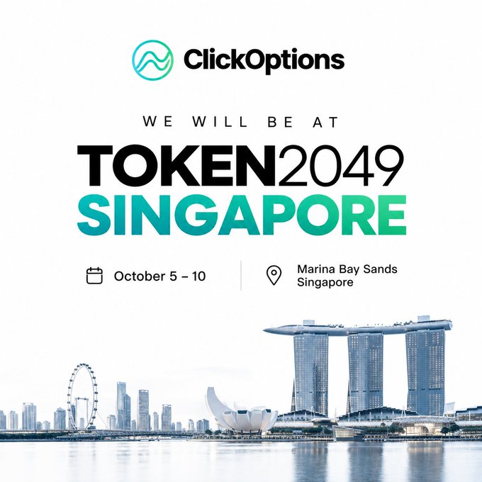 Promotional graphic for ClickOptions announcing their attendance at Token2049 Singapore, October 5-10 at Marina Bay Sands, featuring an image of the Singapore skyline with Marina Bay Sands and the Singapore Flyer.
