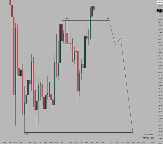 A 1-hour XAU/USD candlestick chart (dated 26/6/2026) marking key swing levels labeled "BSL" (Buy-Side Liquidity) near 4,048 and "SSL" (Sell-Side Liquidity) around 3,965, with a projected bearish "TS" setup targeting a downward move after price sweeps the BSL zone. The annotations visually support the post's bearish 1H outlook, illustrating an expected liquidity raid followed by a sell-off toward lower targets.
