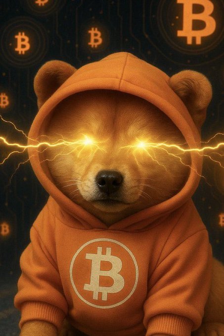 A digital illustration of a Shiba Inu dog wearing an orange Bitcoin hoodie, with glowing yellow laser eyes shooting lightning, set against a background of Bitcoin logos.