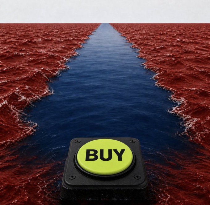 A surreal image showing a large yellow 'BUY' button in the foreground, with a narrow blue water path cutting through a vast, choppy red sea stretching toward the horizon.