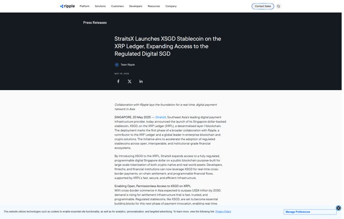 A Ripple press release page dated May 20, 2025, headlined "StraitsX Launches XSGD Stablecoin on the XRP Ledger, Expanding Access to the Regulated Digital SGD," describing the Singapore dollar-backed token's deployment onto the XRPL for cross-border payment use cases, which directly corresponds to the announcement that XSGD has moved from Ethereum to Ripple's ledger infrastructure.