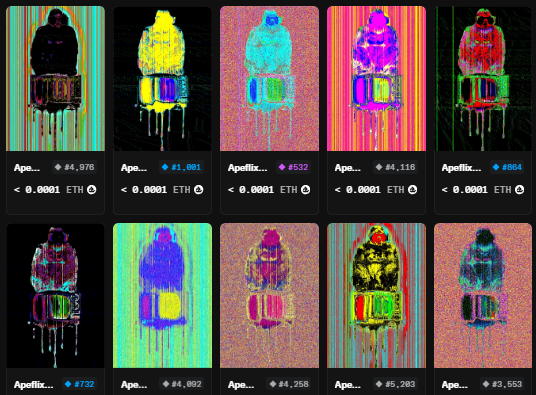 A grid of nine glitch-art style digital collectibles (NFTs) depicting a hooded figure, each with varying prices denominated in ETH and the token name 'Ape...'.