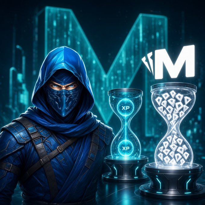 Digital artwork features a hooded, masked ninja warrior in blue beside two futuristic, glowing blue hourglasses containing 'XP' and geometric symbols, with a large 'M' logo in the background.