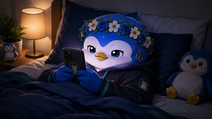 A penguin-like character wearing a flower crown and dark hoodie lies in bed looking at a phone, flanked by penguin plushies in a cozy lit room.