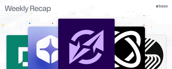 A 'Weekly Recap' banner featuring the logos of several crypto projects, including Base, alongside others in green, purple, and black designs.
