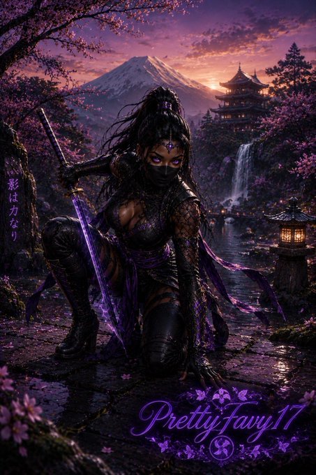 A fantasy artwork featuring a female ninja warrior in dark purple and black attire wielding a glowing purple katana, kneeling in a cherry blossom setting with Mount Fuji, a pagoda, and waterfall in the background. Signed 'PrettyFavy17' with Japanese text '影は力なり' (Shadows are power) on the left.