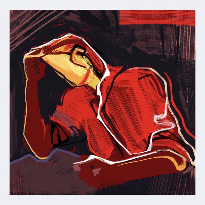 An expressive digital painting in bold red, black, and gold tones depicting a hunched figure with a yellow face, their hand resting on their head in a pose suggesting anguish or exhaustion.