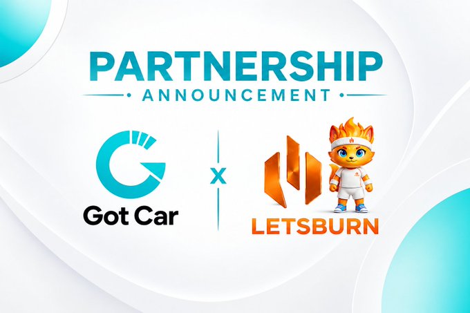 A partnership announcement graphic featuring "GOTCAR" and "LetsBurn" logos with the text "PARTNERSHIP ANNOUNCEMENT," visually promoting the collaboration to turn real-world movement into digital value, including verified workouts and on-chain rewards.