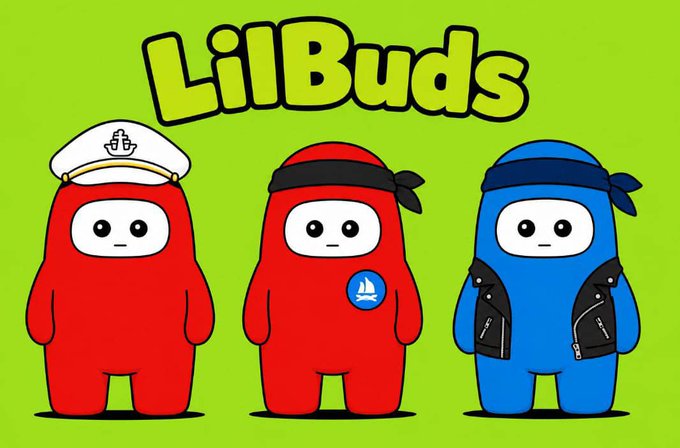 A bright green promotional graphic for 'LilBuds' features three cartoon characters resembling the Among Us crewmate design, dressed in red, red with a sailboat logo, and blue with a vest.