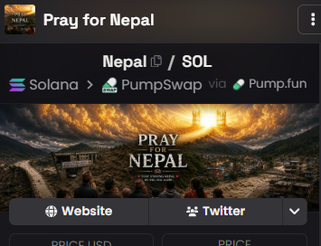 A mobile screenshot of a Pump.fun token page titled "Pray for Nepal" showing Nepal/SOL trading details via PumpSwap, with imagery of a dramatic stormy sky over a mountain landscape.