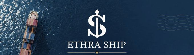 Aerial view of a container ship at sea overlaid with the 'ETHRA SHIP' logo and anchor monogram.