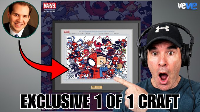 A YouTube thumbnail showing two men reacting to a framed Marvel-themed art piece featuring Spider-Man and other characters, labeled 'EXCLUSIVE 1 OF 1 CRAFT' with the VeVe logo visible.