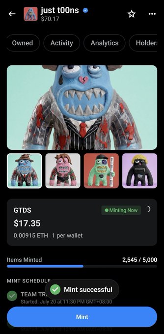 NFT collection page for 'just t00ns' priced at $70.17, showing minting in progress with 2,545/5,000 items minted at 0.00915 ETH per wallet.