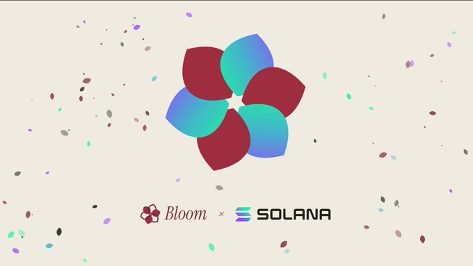A digital promotional graphic for 'Bloom x SOLANA' featuring a stylized multi-colored flower logo in red, blue, and teal on a cream background scattered with colorful confetti dots.