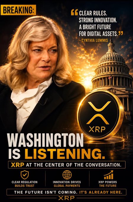 A promotional graphic featuring Cynthia Lummis and the U.S. Capitol building with text: 'BREAKING: CLEAR RULES. STRONG INNOVATION. A BRIGHT FUTURE FOR DIGITAL ASSETS. -CYNTHIA LUMMIS', 'WASHINGTON IS LISTENING.', 'XRP AT THE CENTER OF THE CONVERSATION.', and 'THE FUTURE ISN'T COMING. IT'S ALREADY HERE. XRP'.