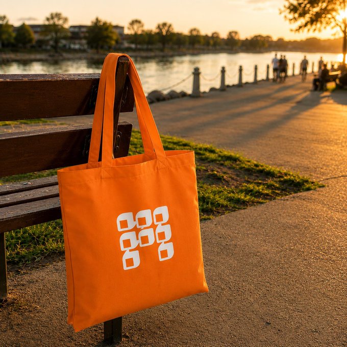 Lifestyle product photo of an orange tote bag with a white geometric square logo hanging on a wooden bench by a waterfront promenade at sunset.