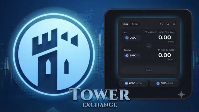 A promotional graphic for 'TOWER EXCHANGE' displays a blue castle logo alongside a digital swap interface for USDC and EURC tokens.