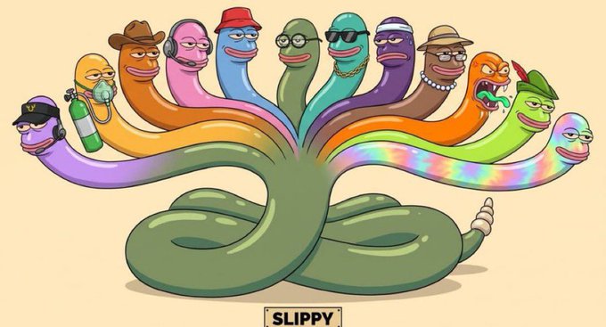 A colorful cartoon illustration of a multi-headed snake creature, with each head depicted as a different character wearing various hats and accessories, labeled 'SLIPPY' at the bottom.