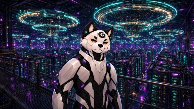 Digital artwork of an anthropomorphic white wolf character with a black swirl mark on its forehead, wearing futuristic white and black armor, standing before a neon-lit cyberpunk cityscape with glowing circular structures.