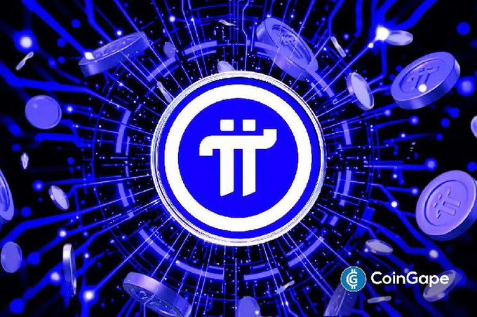 Blue Pi Network logo displayed prominently on a circular emblem surrounded by smaller Pi coins and glowing circuit board patterns, with the 'CoinGape' watermark in the bottom right.