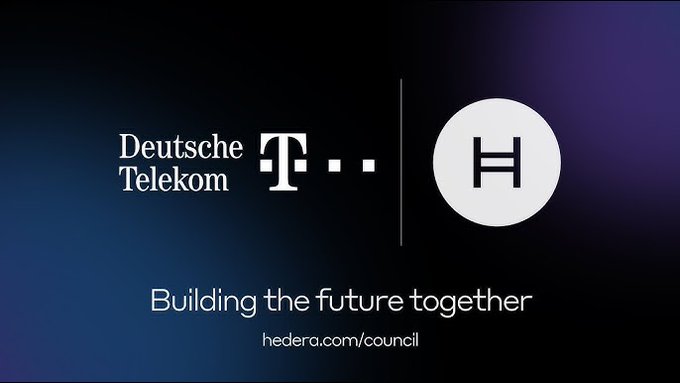 The image features a logo for Deutsche Telekom and a white circle with a black "H" inside of it. The text below the logo reads, "Building the future together", which suggests that the company is working on projects or initiatives aimed at improving communication technology.
