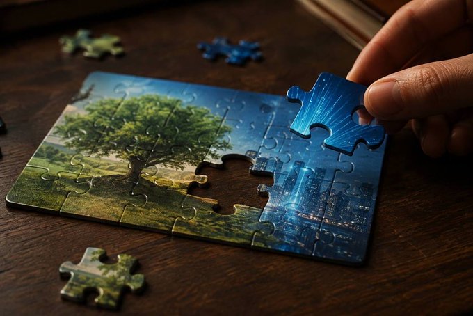 A photograph of a hand placing a final puzzle piece into a jigsaw that depicts a natural landscape with a tree on the left transitioning into a futuristic city skyline on the right.