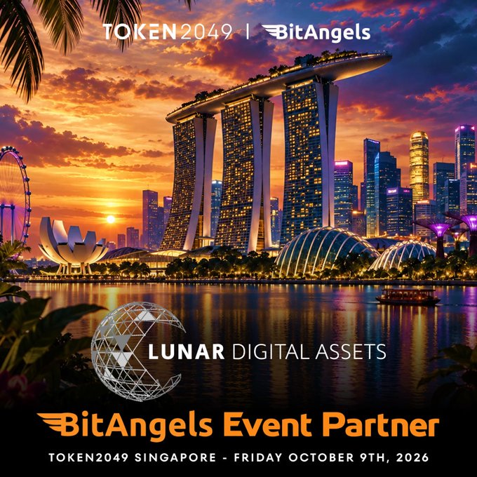 A promotional graphic for TOKEN2049 Singapore featuring the iconic Marina Bay Sands hotel at sunset, with BitAngels as Event Partner and Lunar Digital Assets branding, dated Friday October 9th, 2026.