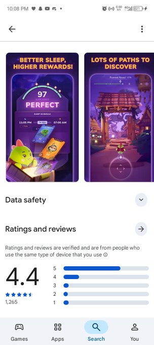 A Google Play Store listing screenshot showing a 4.4 star rating with 1,265 reviews for a sleep-related app, featuring the text 'BETTER SLEEP, HIGHER REWARDS!' and '97 PERCENT SLEEP SCORE'.