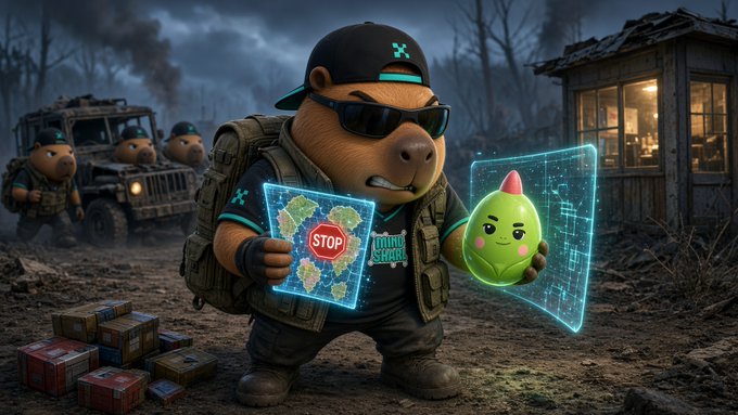 A 3D-rendered cartoon scene featuring a cap-wearing, sunglasses-wearing pig soldier holding a holographic map with a "STOP" sign and a green fruit character with a face, set in a dark, war-torn landscape with other pig soldiers, crates, and a jeep in the background.