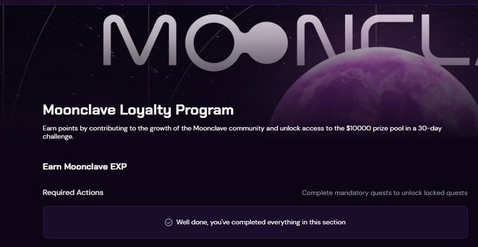 A dark webpage displays the 'MOONCLA' logo and details the 'Moonclave Loyalty Program,' mentioning a $10000 prize pool for a 30-day challenge.
