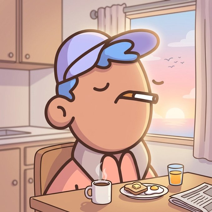 A cartoon character with purple hair, wearing sunglasses, enjoys breakfast at a kitchen table with coffee, toast with butter, eggs, and orange juice while gazing out at a sunrise over the ocean, humorously reinforcing the post's message about waking up early to fuel up before a successful NFT minting day.