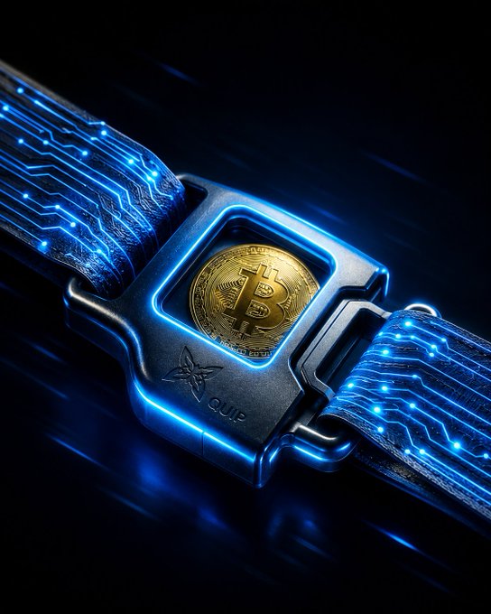 Futuristic metallic seatbelt buckle featuring a Bitcoin coin emblem, with glowing blue circuit-board patterned straps against a dark background.