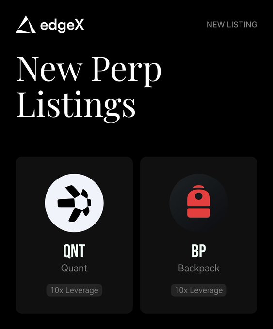 A sleek black promotional graphic from edgeX announces "New Perp Listings," featuring two trading cards with circular logos for QNT (Quant) and BP (Backpack), each offering 10x leverage and tagged with "NEW LISTING" at the top right.