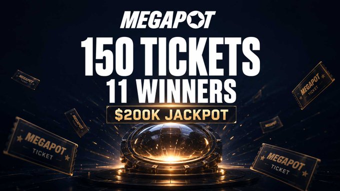 The image is a promotional graphic for MegaPot featuring bold text announcing "150 TICKETS," "11 WINNERS," and a "$200K JACKPOT," set against a dramatic dark background with floating golden "MEGAPOT TICKET" cards. It visually reinforces the giveaway details, illustrating the lottery-style prize pool where 11 winners share 150 tickets for a chance at the $200,000 jackpot.