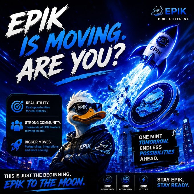An EPIK crypto promotional graphic with text "EPIK IS MOVING. ARE YOU?" featuring a duck mascot in sunglasses and a leather jacket, with a rocket and cityscape background.