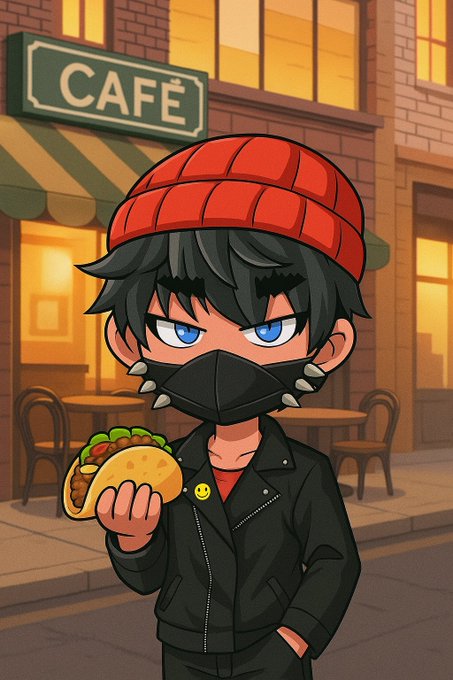 An anime-style illustration shows a chibi character with a red beanie, black spiked mask, and black leather jacket holding a taco in front of a café with a 'CAFÉ' sign.
