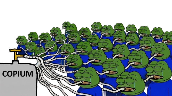 A meme depicting numerous crying Pepe the Frog characters drinking from hoses connected to a tank labeled 'COPIUM'.