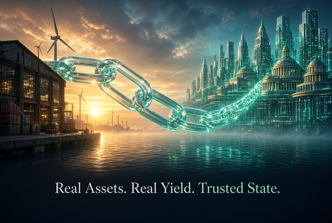 Digital artwork showing a glowing teal blockchain chain linking an industrial port with wind turbines on the left to a futuristic glowing city on the right, with the text 'Real Assets. Real Yield. Trusted State.' at the bottom.