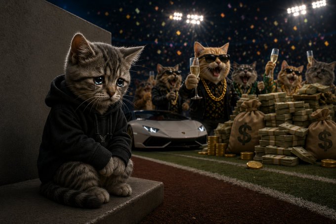A humorous AI-generated image showing a sad, poor-looking kitten in a hoodie sitting on the ground, while in the background, wealthy cats with sunglasses and gold chains celebrate with money bags and a sports car.