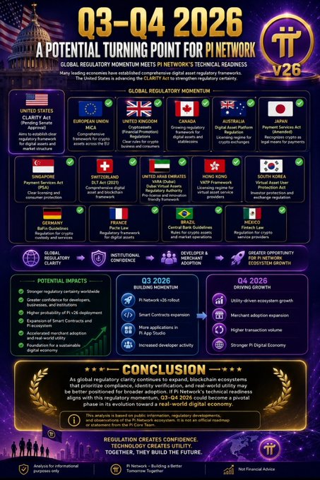 This infographic highlights Q3-Q4 2026 as a pivotal phase for Pi Network, predicting its growth due to global regulatory clarity and its technical readiness for a real-world digital economy. It showcases varying global regulatory frameworks and outlines the potential impacts and benefits for Pi Network's ecosystem.
