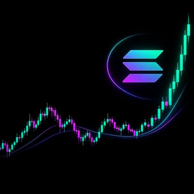 A dark image features a glowing teal and magenta Solana (SOL) logo encircled by a purple ring, overlaid on a candlestick chart showing an upward trend.
