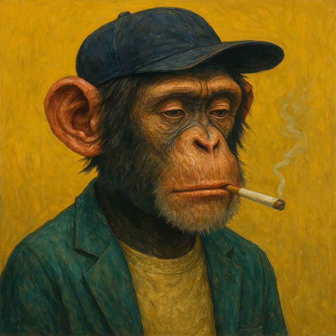 A painting in a post-impressionist style depicts a chimpanzee wearing a navy baseball cap and teal blazer, smoking a cigarette against a vibrant yellow background.