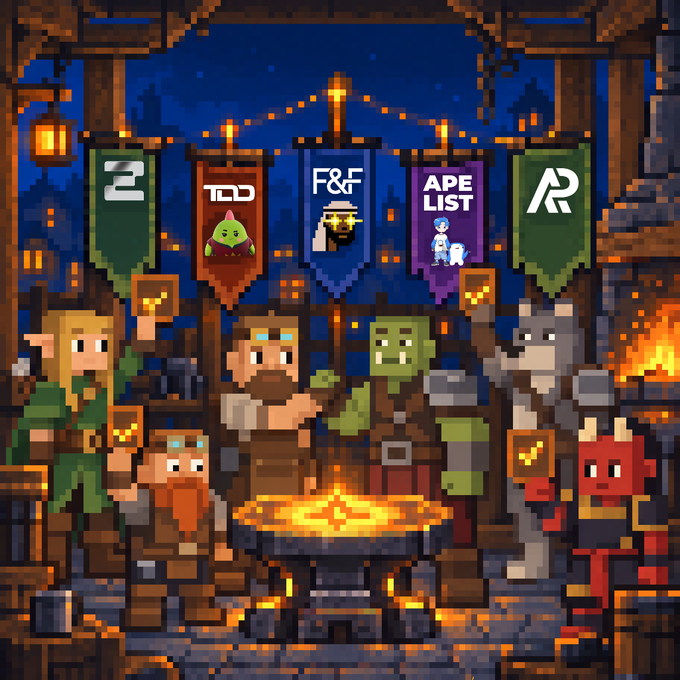 A pixel art illustration of medieval fantasy characters including elves, dwarves, and an orc gathered around a glowing forge, with banners displaying logos for '2', 'TE', 'F&F', 'APELIST', and 'R' hanging above them.